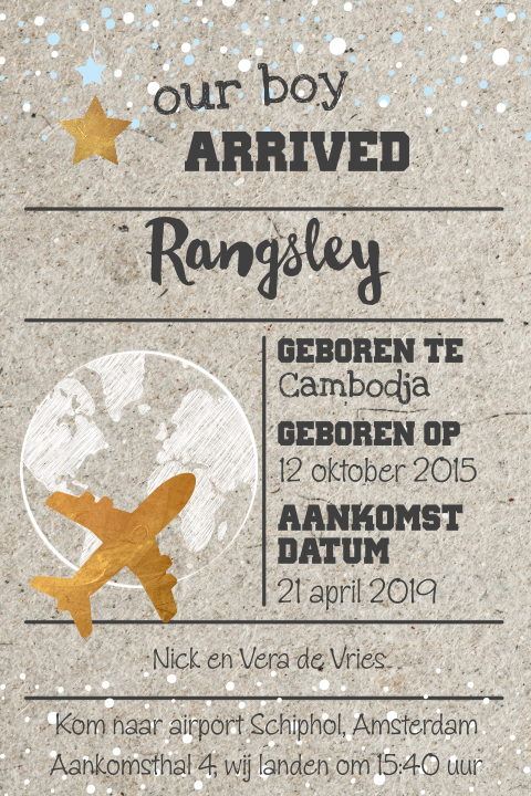 Adoptiekaartje jongen met karton look, confetti en wereldbol