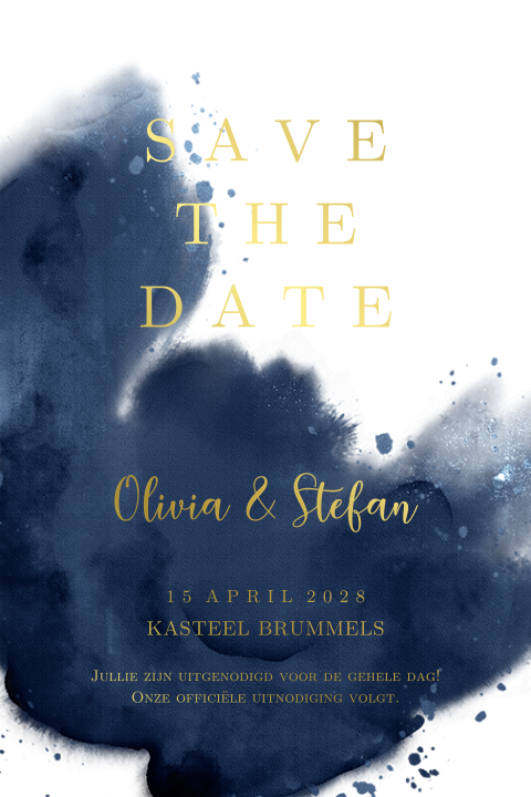 Save the date uitnodiging goudfolie blue art