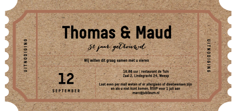 Uitnodiging jubileum stans 50 ticket met kraft look