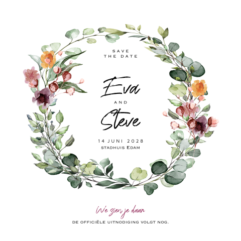 save the date wild eucalyptus met wilde bloemen