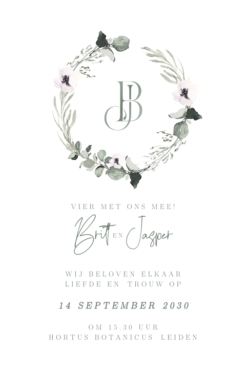 Trouwkaart met krans van eucalyptus