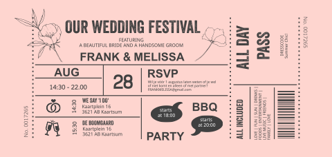 Trouwkaart ticket festival - roze met veldbloem