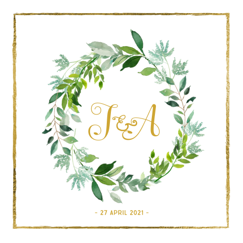 Stijlvolle trouwkaart goudfolie kader en eucalyptus plant krans