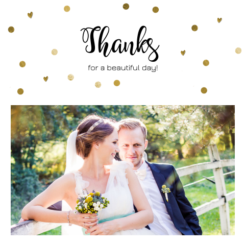 Hippe trouw bedankkaart eigen foto en goudkleurige confetti