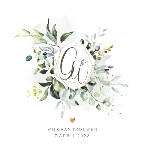 Logo botanisch trouwkaart met goudfolie poeder look