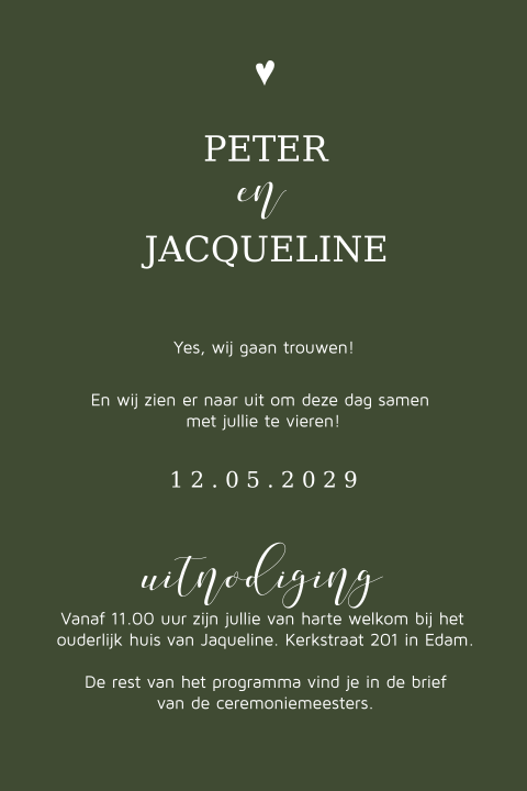 Minimalistische trouwkaart in jungle donker groen