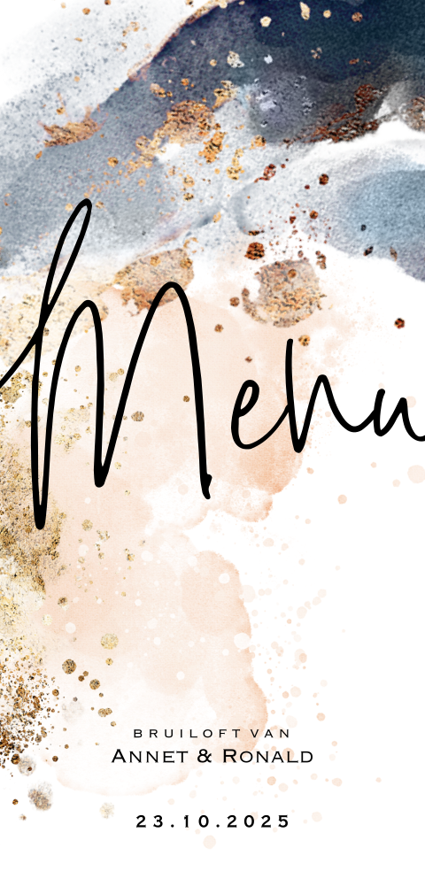 Navy blue watercolor menukaart donkerblauw goudpoeder look