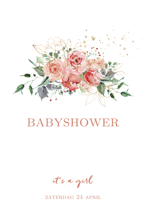 Romantische babyshowerkaart meisje goud look en bloemen
