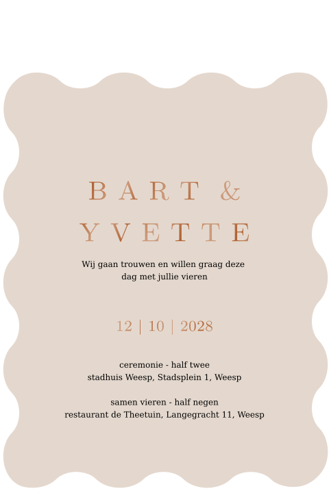 Trouwkaart hoogglans koper lak stans biscuit beige