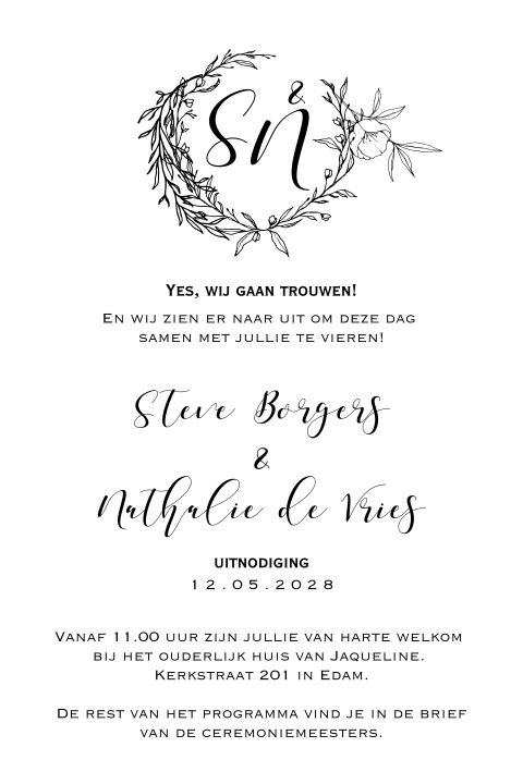 Elegant white trouwkaart met outline boeket krans