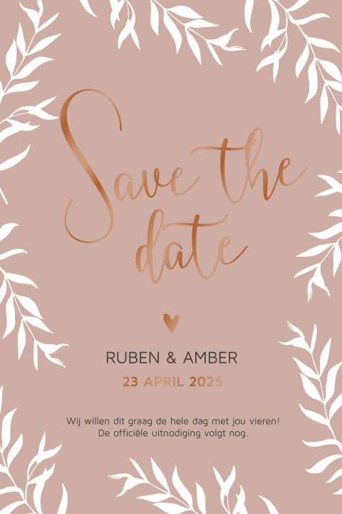 Hippe save the date trouwkaart met witte takjes en hoogglans koper lak