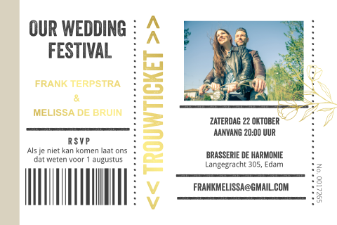 Trouwkaart ticket stijl met goudfolie