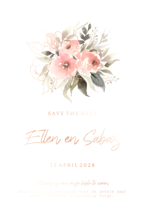Soft flowers save the date kaart watercolor foliedruk