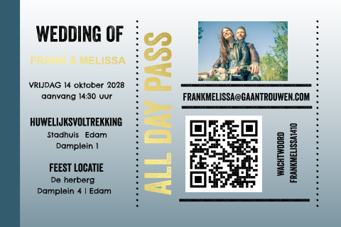 Festival ticket trouwkaart met qr code goudfolie