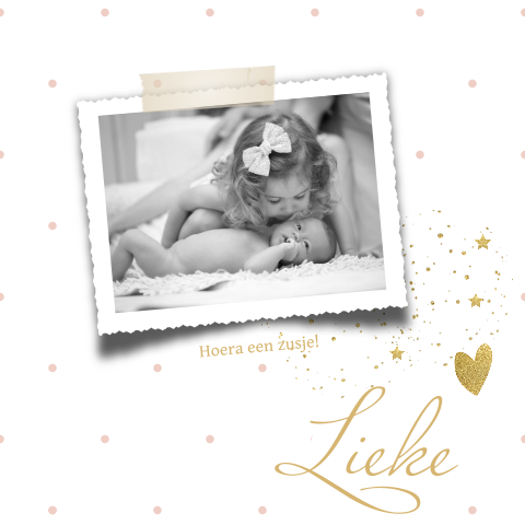 Uniek foto stippen geboortekaartje zusje met stippen