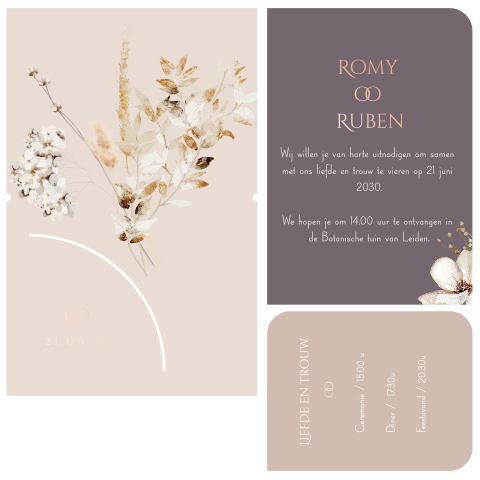 Trendy trouwkaart bestaande uit 3 kaartjes droogbloemen