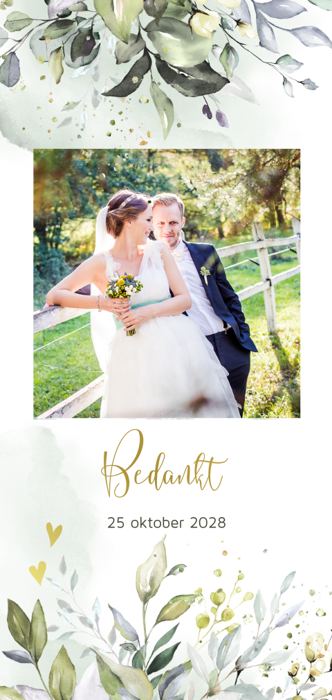 Bedankkaart trouwen met Eucalyptus bladeren foto foliedruk