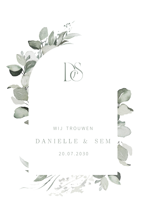 Stijlvolle trouwkaart met trouwlogo en eucalyptus takjes