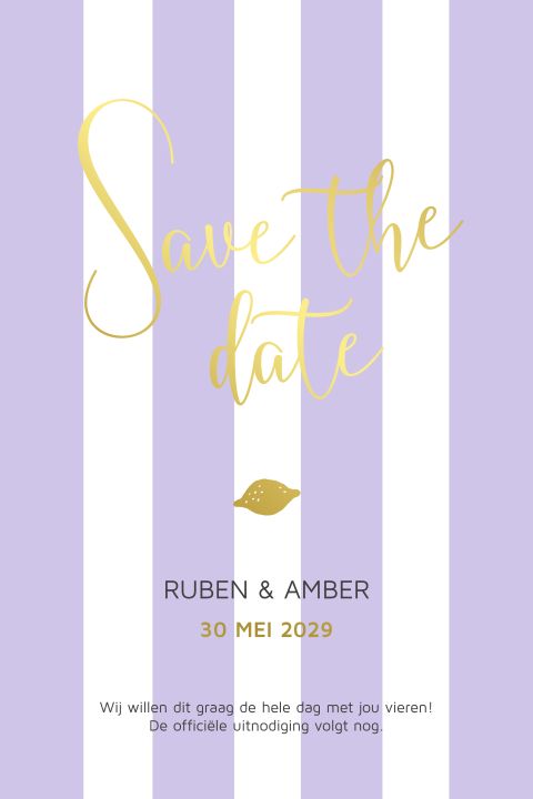 Hippe save the date trouwkaart met strepen paars
