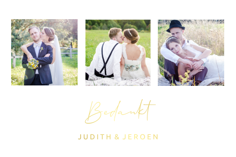 Enkel foto collage bedankkaart trouwen goudfolie