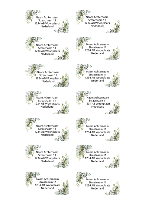 Botanische adresstickers voor jullie trouwkaart met bladeren