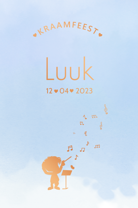 Silhouet uitnodiging kraamfeest in licht blauw en koper folie