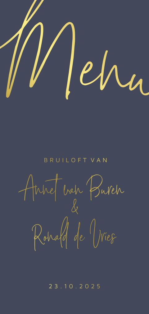 Minimalistische menukaart donkerblauw met écht goudfolie