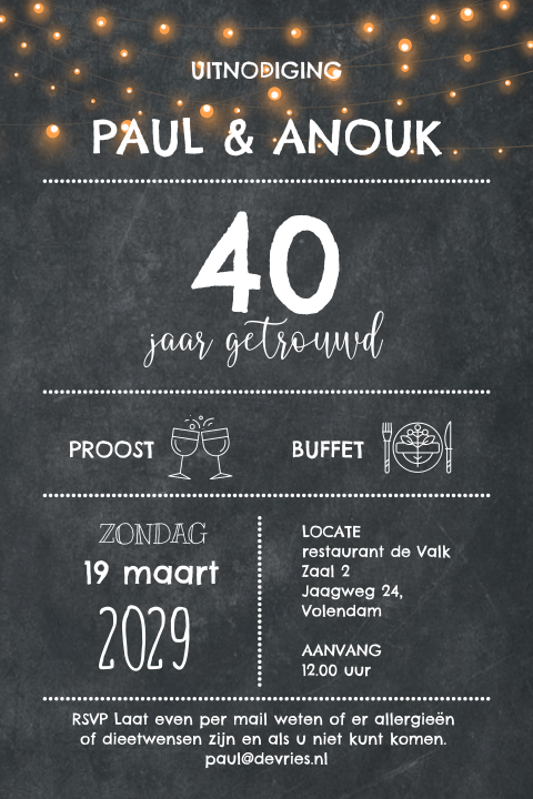 Krijtbord 40 jarig jubileum uitnodiging lijnen lichtjes