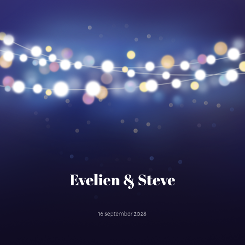 Hippe midnight trouwkaart met gekleurde lampjes