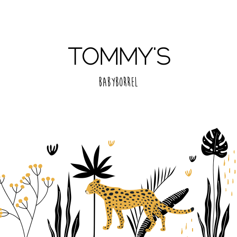 Jungle uitnodigng kraamborrel kaartje in zwart wit en oker.