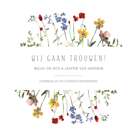 Stijlvolle trouwkaart met kleurrijke veldbloemen