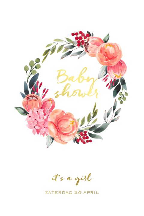 Romantische babyshowerkaart meisje goudfolie en bloemenkrans