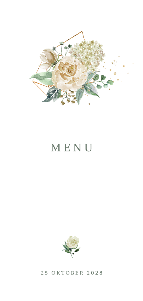 Chique enkele dinerkaart met witte rozen boeket