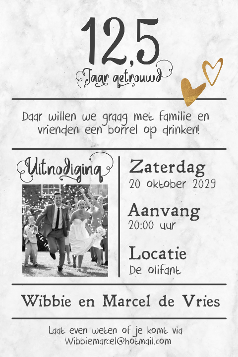 Enkele foto uitnodiging 12,5 jaar getrouwd marmer