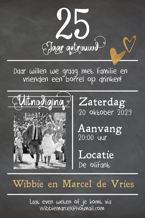 Enkele foto uitnodiging 25 jaar getrouwd krijtbord look