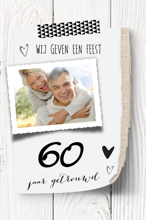 Stijlvolle uitnodiging 60 jarig huwelijksjubileum hout