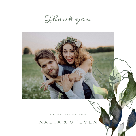 Watercolor greenery  blad trouwen bedankkaart met foto
