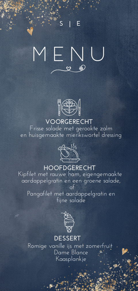 Menukaart navy blue waterverf met goudlook spetters