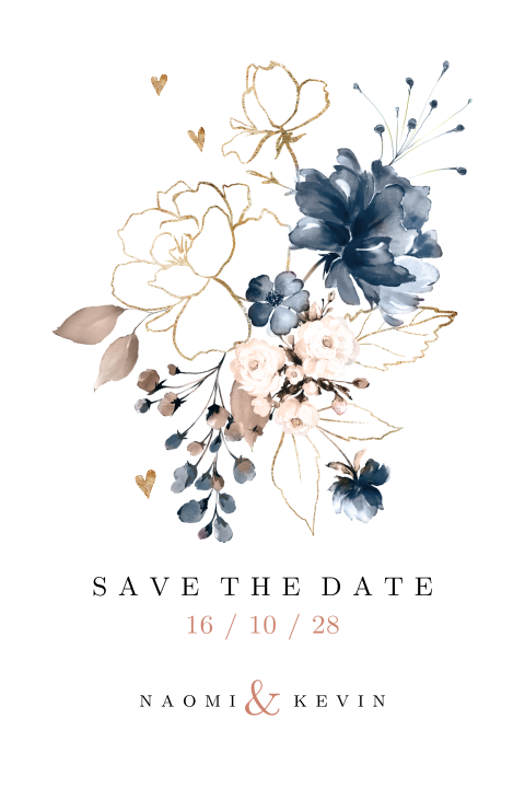 Save the date kaart met blauw en goud look boeket