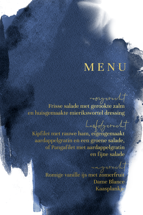 Menukaart blauwe watercolor met goudfolie
