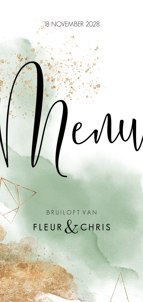 Watercolor Greenery menukaart donkergroen goudpoeder look