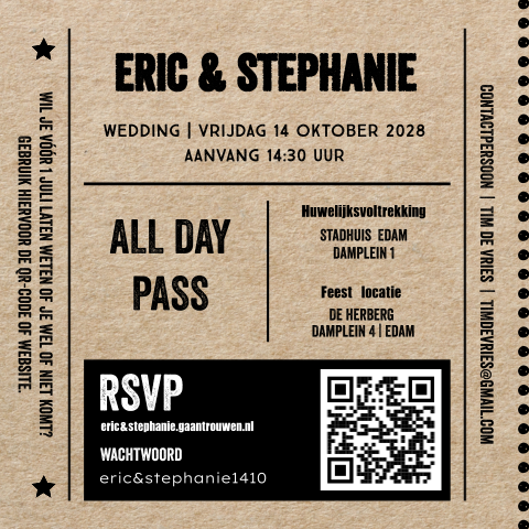 Ticket trouwkaart kraft look met qr code
