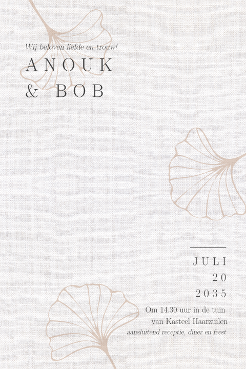 Trouwkaart met Ginkgo bladeren linnenlook