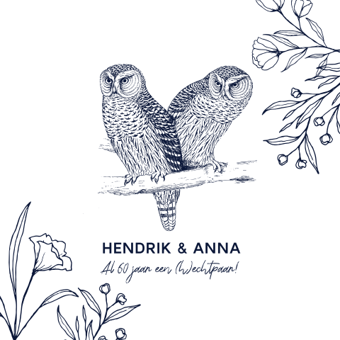 Uitnodiging 60 jarig huwelijksjubileum getekende uilen
