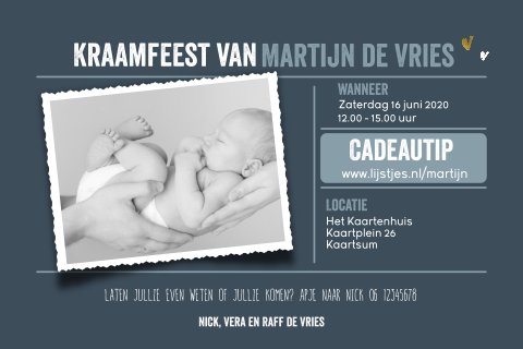 Stoere uitnodiging kraamfeest met eigen foto en vlakverdeling