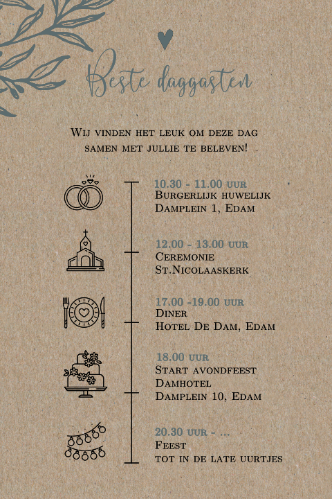 Botanische kraft dagprogramma kaart details trouwdag