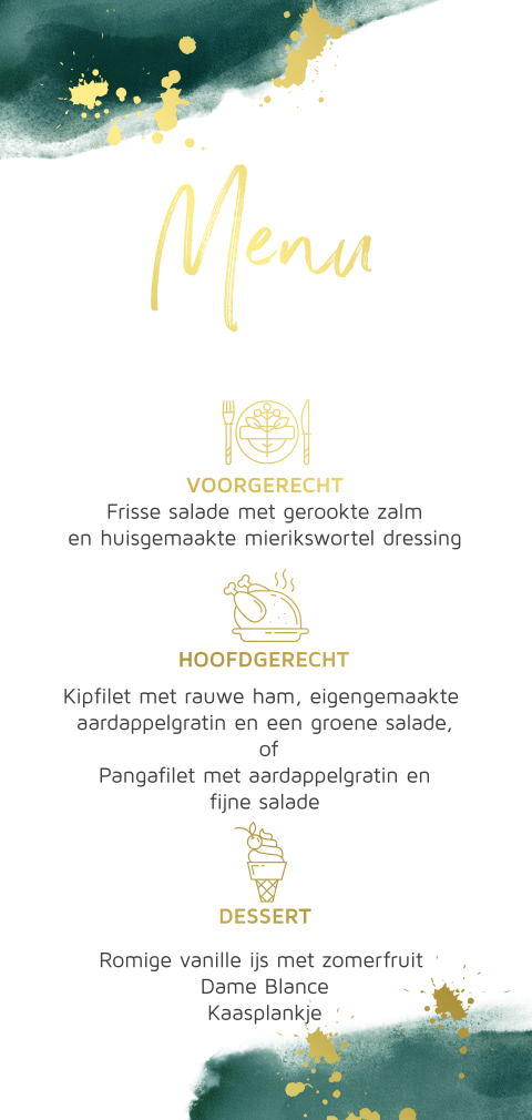Stijlvolle menukaart groene waterverf met echt goudfolie
