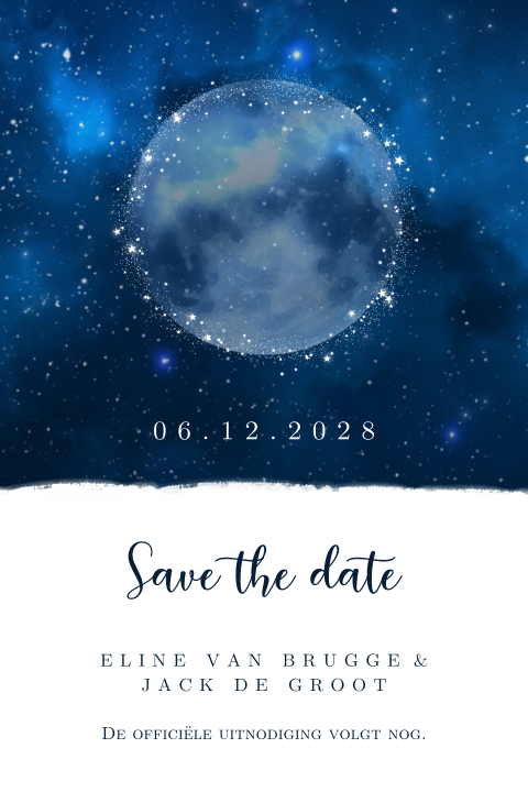 Midnight save the date kaart met sterrenhemel en maan
