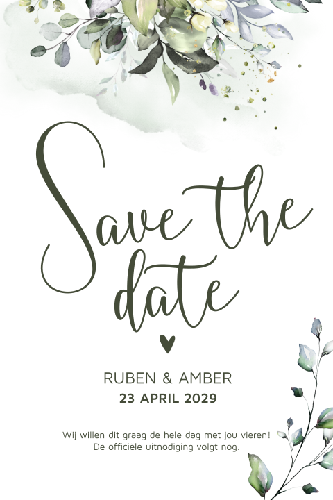 Botanische save the date trouwkaart watercolour takjes