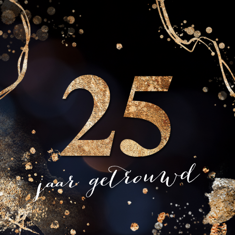 Uitnodiging 25 jubileum blauw goud look spetters